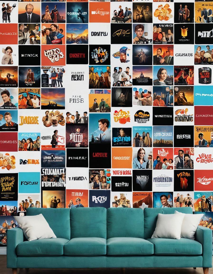 A dynamic collage featuring a selection of screens displaying various streaming platforms, each showcasing popular movie and TV series thumbnails. Include vibrant popcorn, a cozy couch, and a remote control in the foreground to evoke a relaxed viewing experience. A subtle film reel motif serves as the background, enhancing the cinematic theme. super-realistic. vibrant colors. white background.