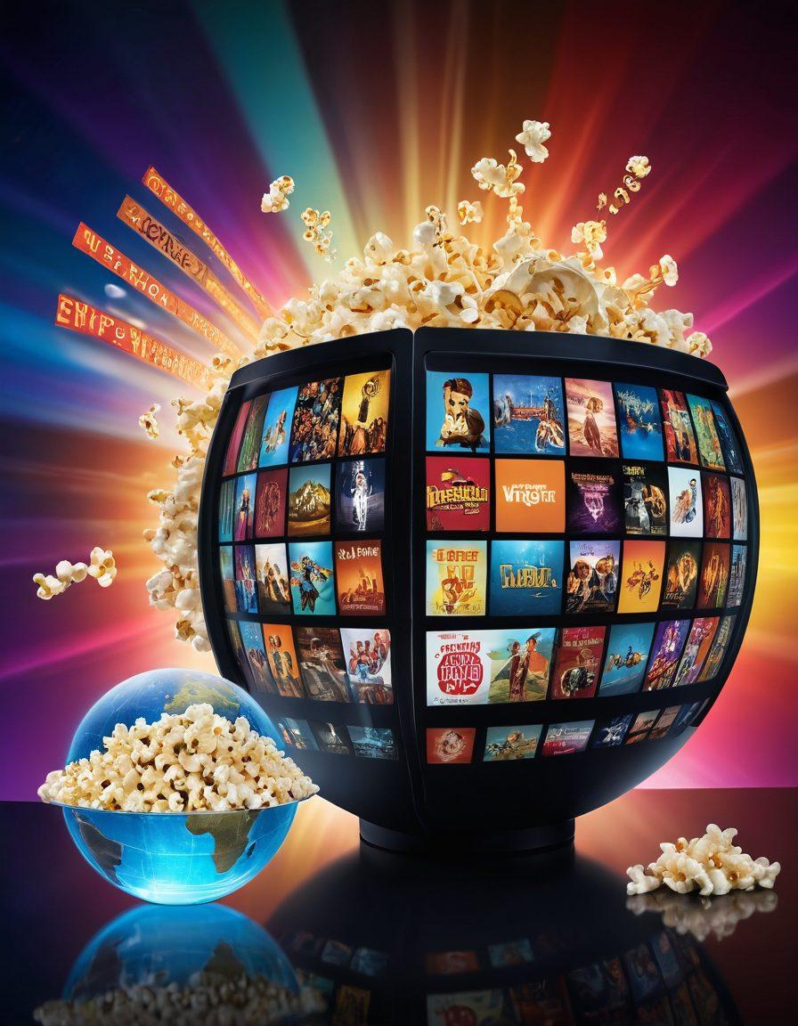 A dynamic collage showcasing iconic elements of online entertainment: a film reel spiraling into a vibrant digital screen displaying popular films, vibrant poster art of new TV shows, popcorn and a remote control sitting in the foreground, with a glowing globe symbolizing global access to entertainment. super-realistic. vibrant colors. cinematic style.