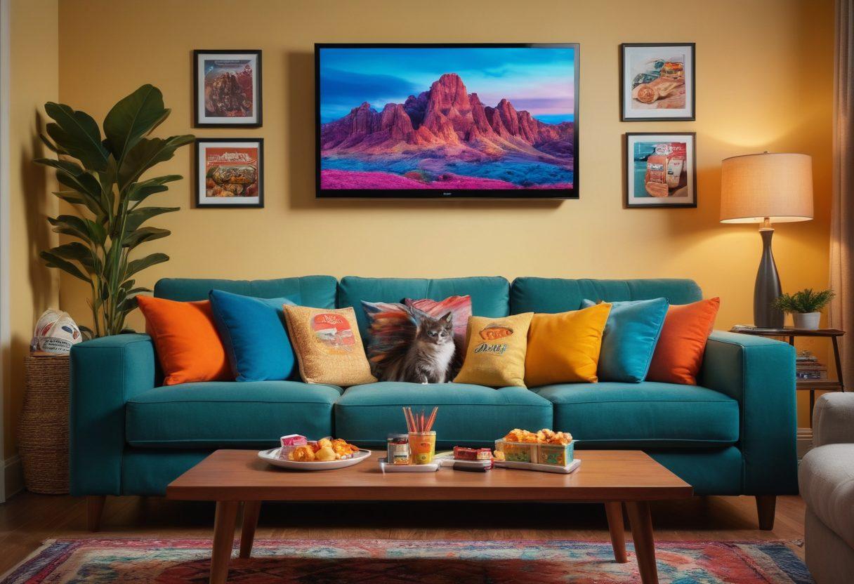 A cozy living room setting featuring a plush couch surrounded by snacks, a remote control, and a large TV screen displaying vibrant, colorful thumbnails of popular TV series and movies. Soft lighting creates a warm, inviting atmosphere, while a playful cat lounges on the couch. Artful decorations like movie posters and colorful cushions add character. super-realistic. vibrant colors. cozy ambiance.